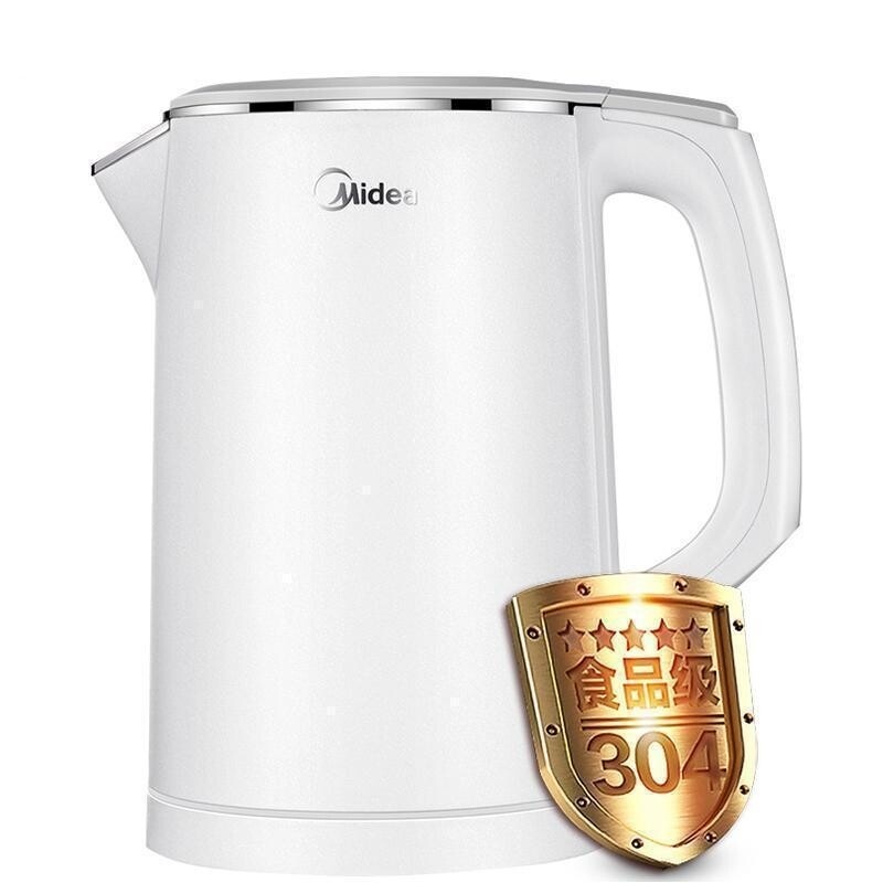 美的（Midea）电热烧水壶304不锈钢磨砂壶身 双层防烫烧水壶 家用全自动断电热壶 WHJ1512e 白色